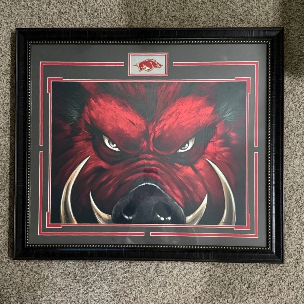 Arkansas Razorbacks Framed Wall Art Red Boar Hog Fan Cave Decor 31x26